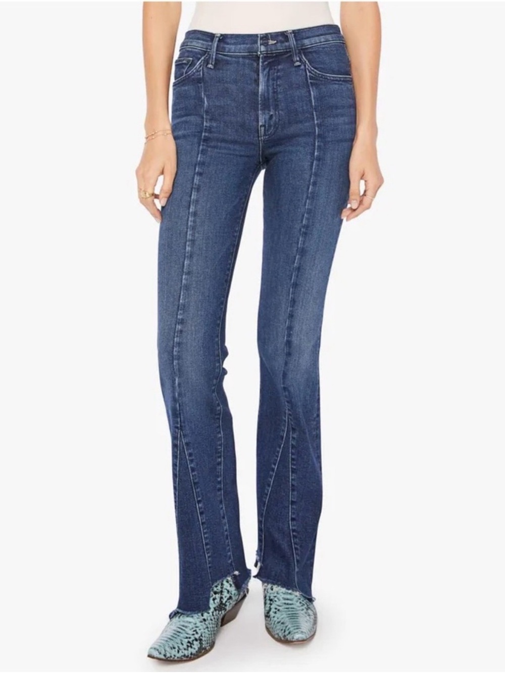 MOTHER Denim Insider Skimp Pointy Fray jeans in a distressed blue wash